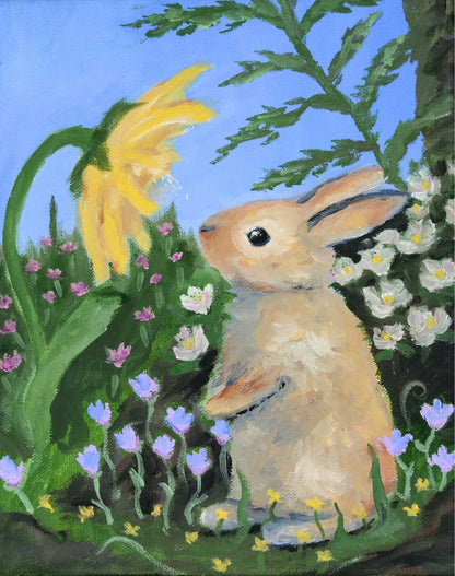 Painting of a rabbit among flowers and plants