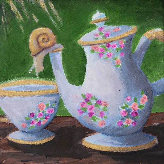 A painting of a snail on a decorative teapot looking into a tea cup with floral patterns on a green background