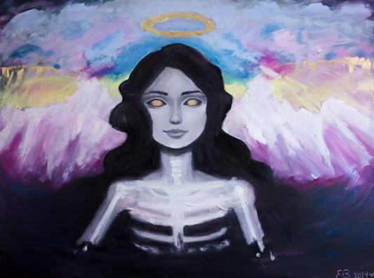 Full image of an oil painting. The figure in the painting is in black and white.  Her body breaks down into a skeleton, dust, and then darkness. Eyes made of gold.  Above her is a halo. The background is an explosion of bright colors on top, white abstract wings in the center, and black void on the bottom. 