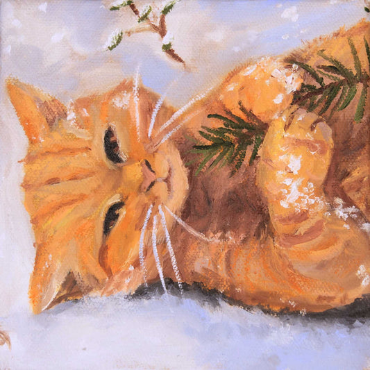 Painting of a ginger cat lying on snow with pine branches. Painted by Emma Baginsky.